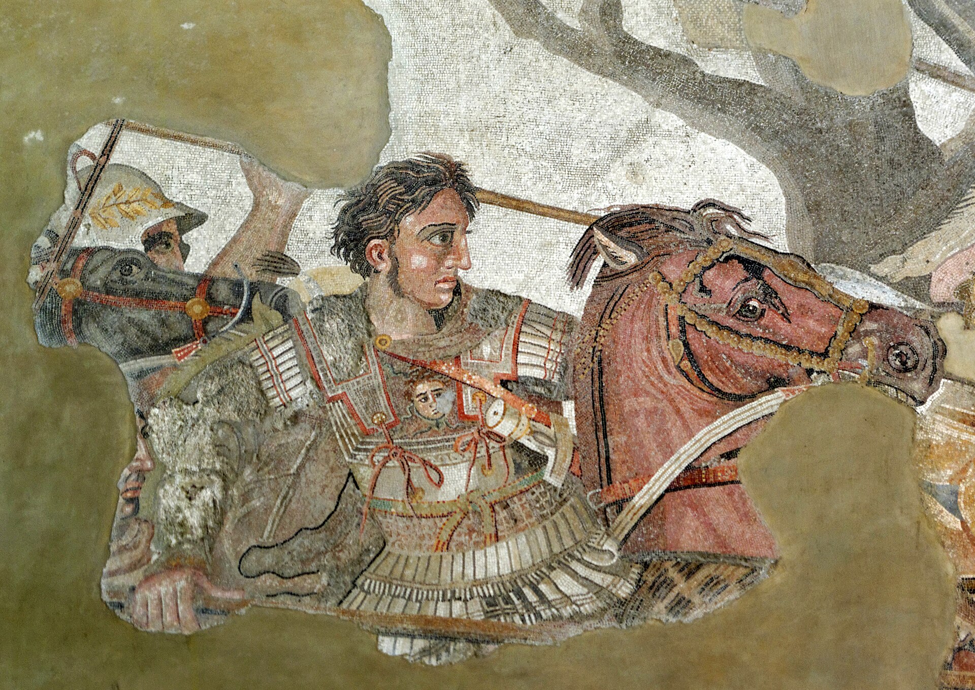 Detail of the Alexander Mosaic: Alexander the Great on horseback, wearing a Medusa breastplate, charging in the battle against Darius III