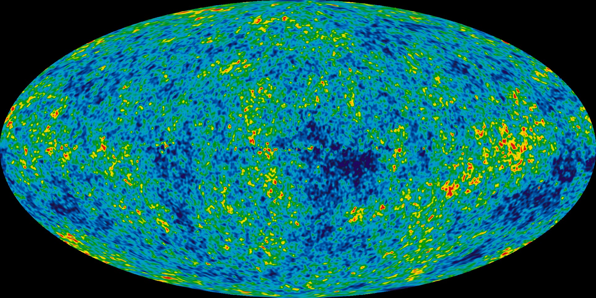 All-sky map of the cosmic microwave background from nine years of WMAP data: a blue-and-red speckled oval showing temperature ripples that are the seeds of cosmic structure