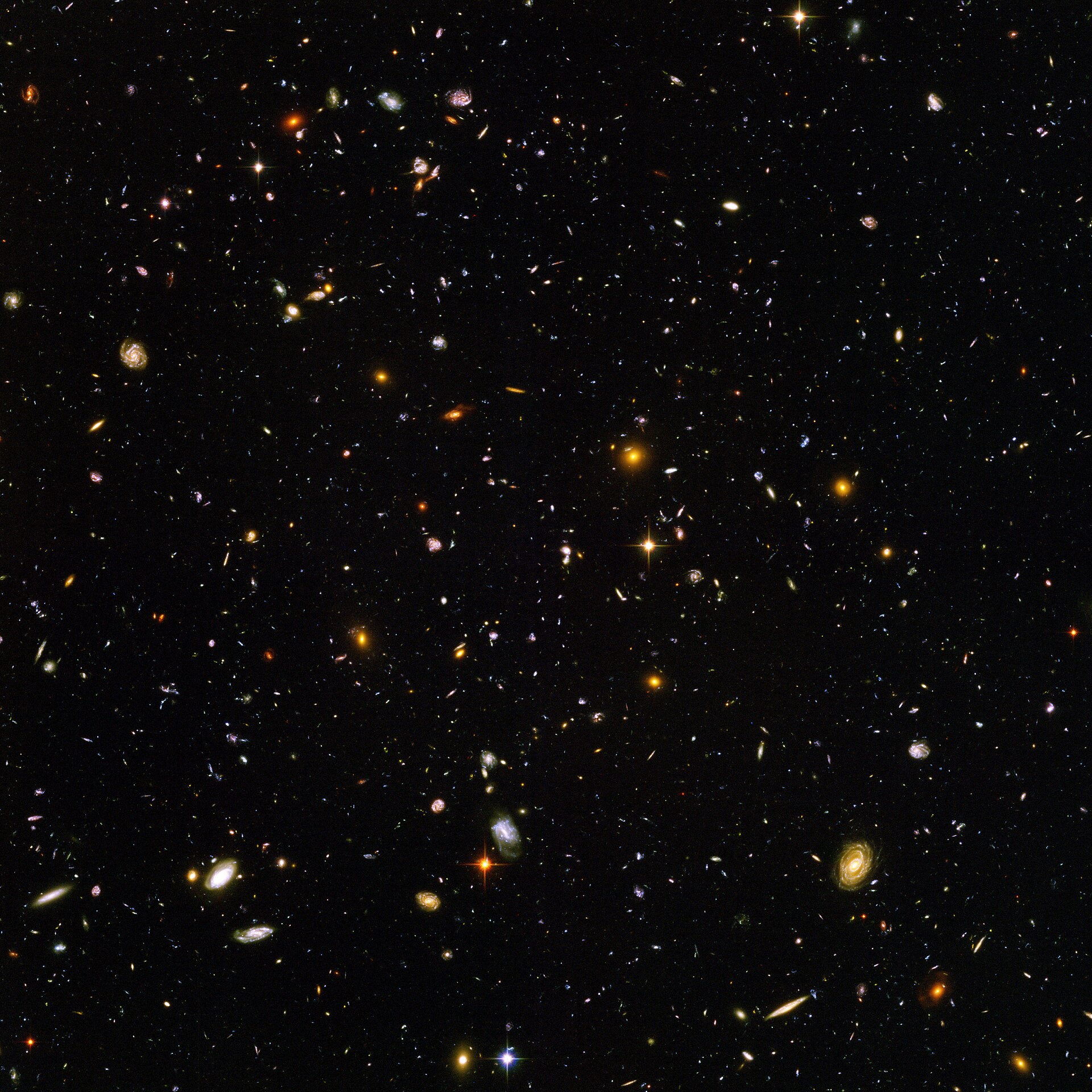 The Hubble Ultra Deep Field: thousands of galaxies of all shapes and colors packed into a tiny patch of sky
