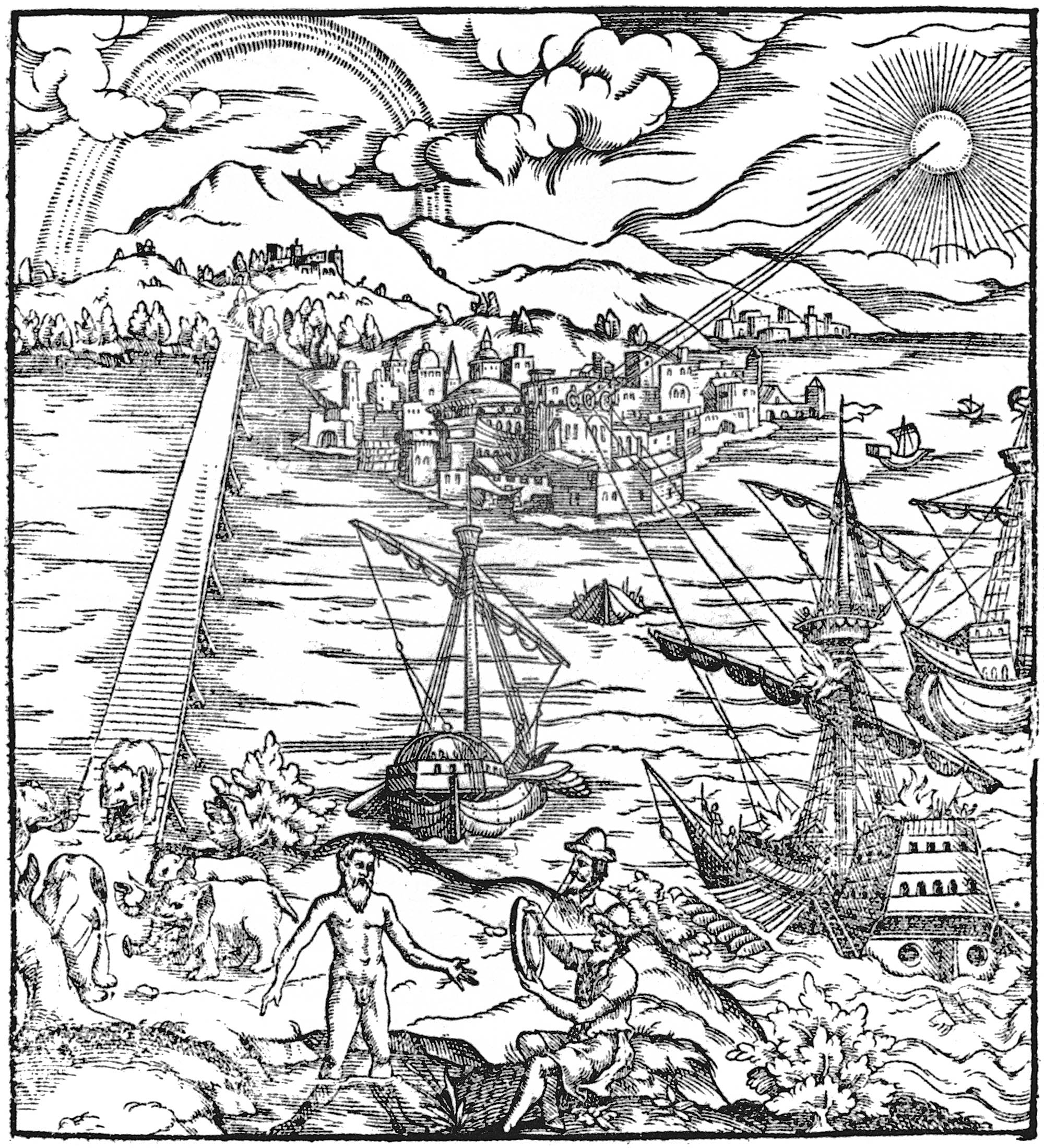 Engraved title page of Opticae thesaurus Alhazeni, the 1572 Basel edition of Ibn al-Haytham's Book of Optics, showing Archimedes' legendary burning mirrors at Syracuse