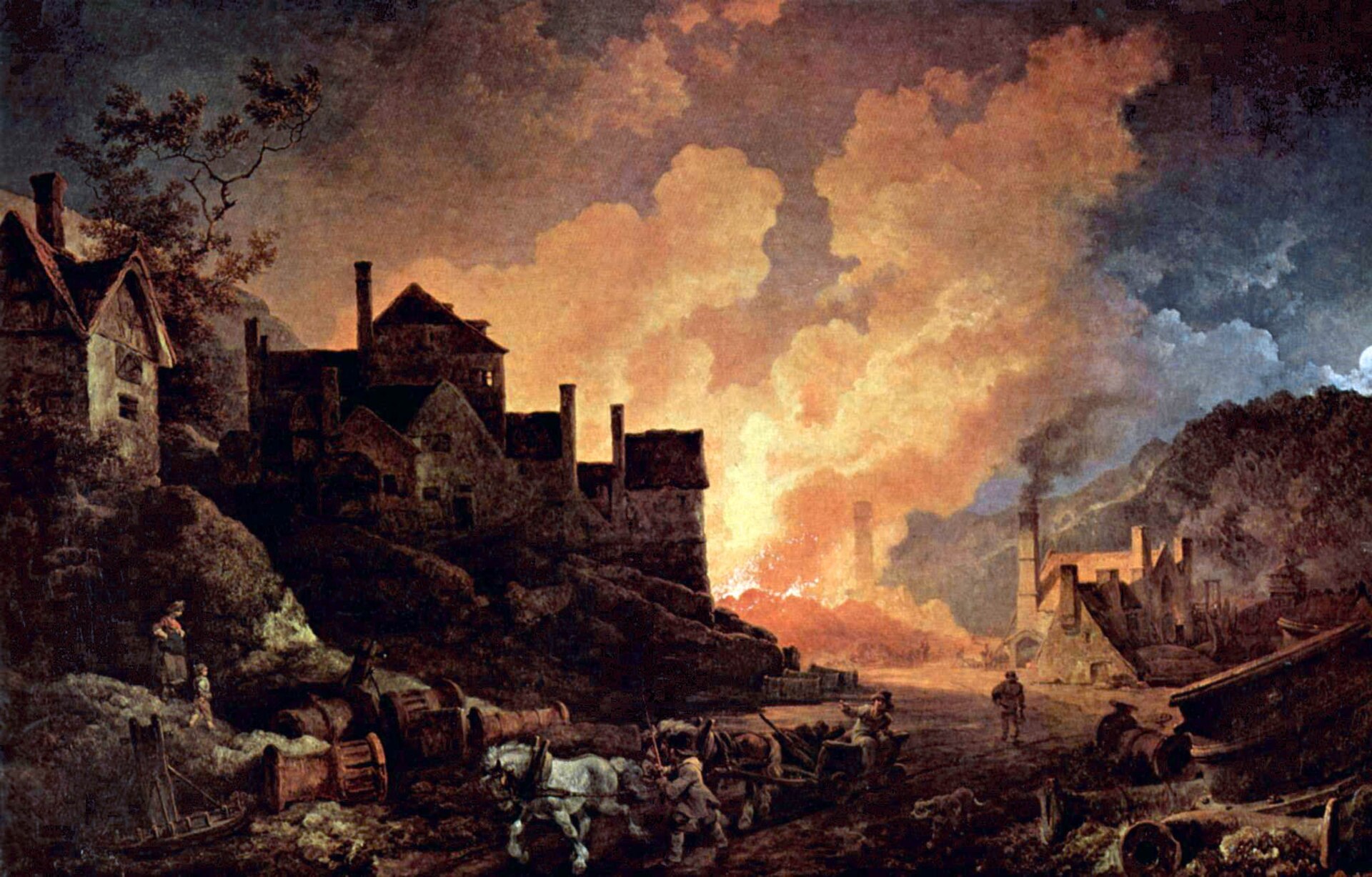 Coalbrookdale by Night: a moonlit painting of the Coalbrookdale ironworks, with furnaces and smoke glowing over the valley