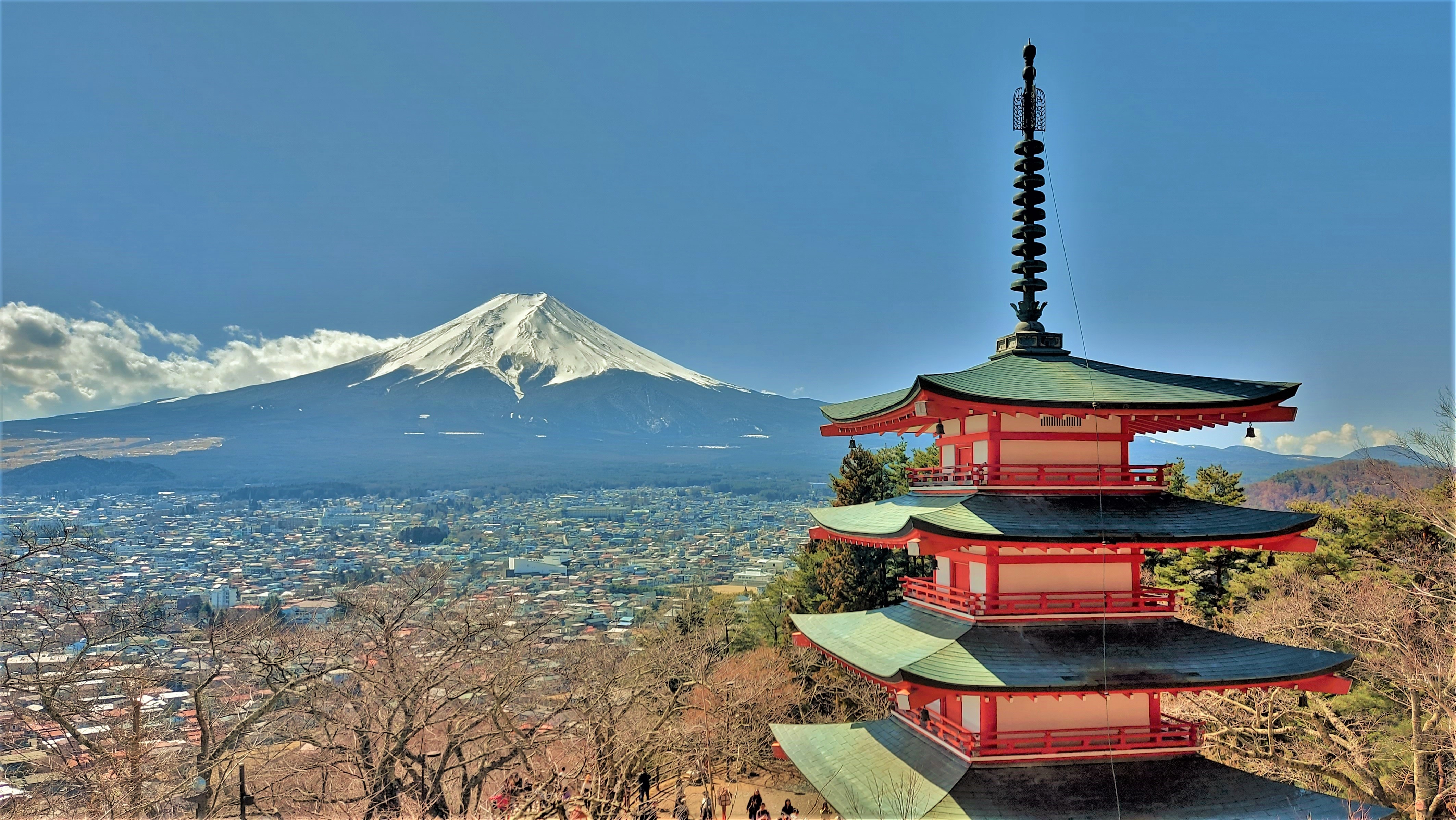 Mount Fuji rising behind the Chureito Pagoda in Fujiyoshida, Japan