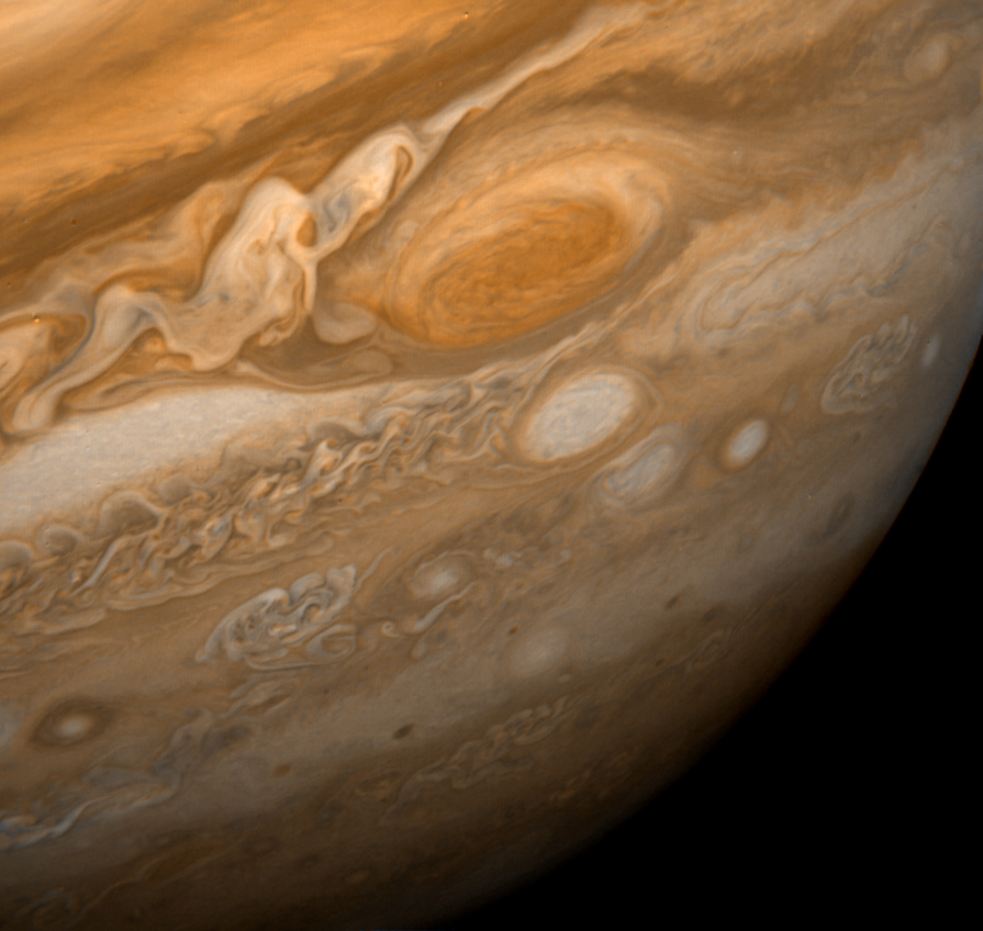 Voyager 1 close-up of Jupiter's Great Red Spot and surrounding wavy cloud bands, 1979