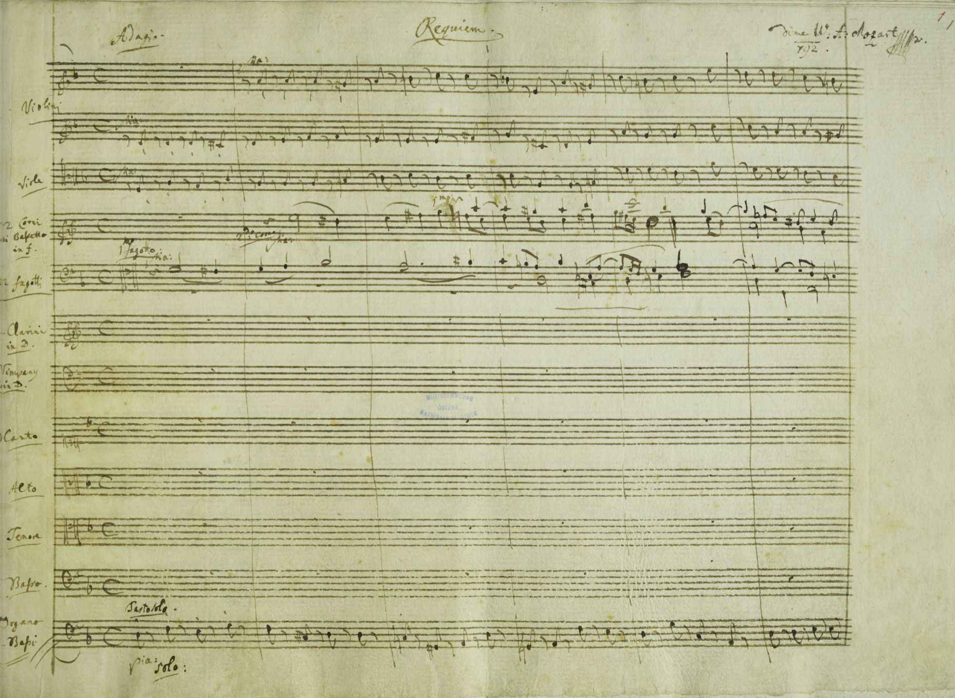 First page of the autograph manuscript of Mozart's Requiem in D minor, K 626