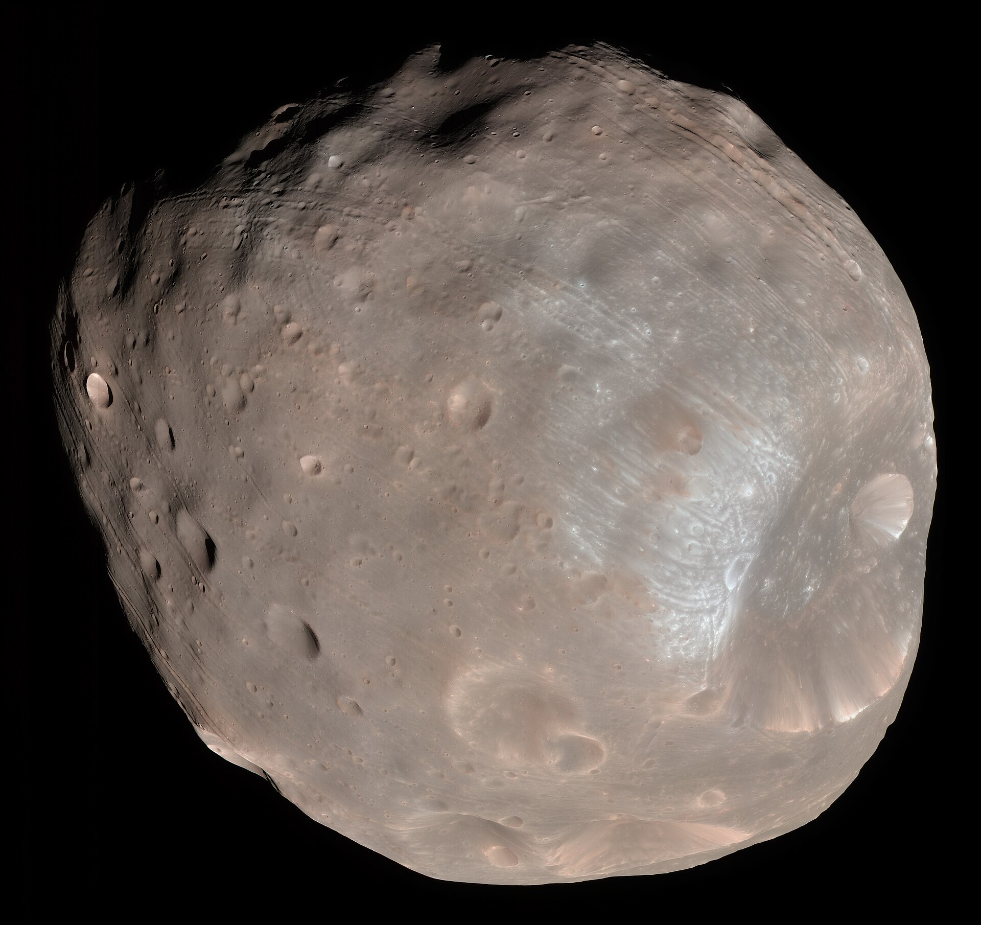 Phobos in enhanced color, showing Stickney crater