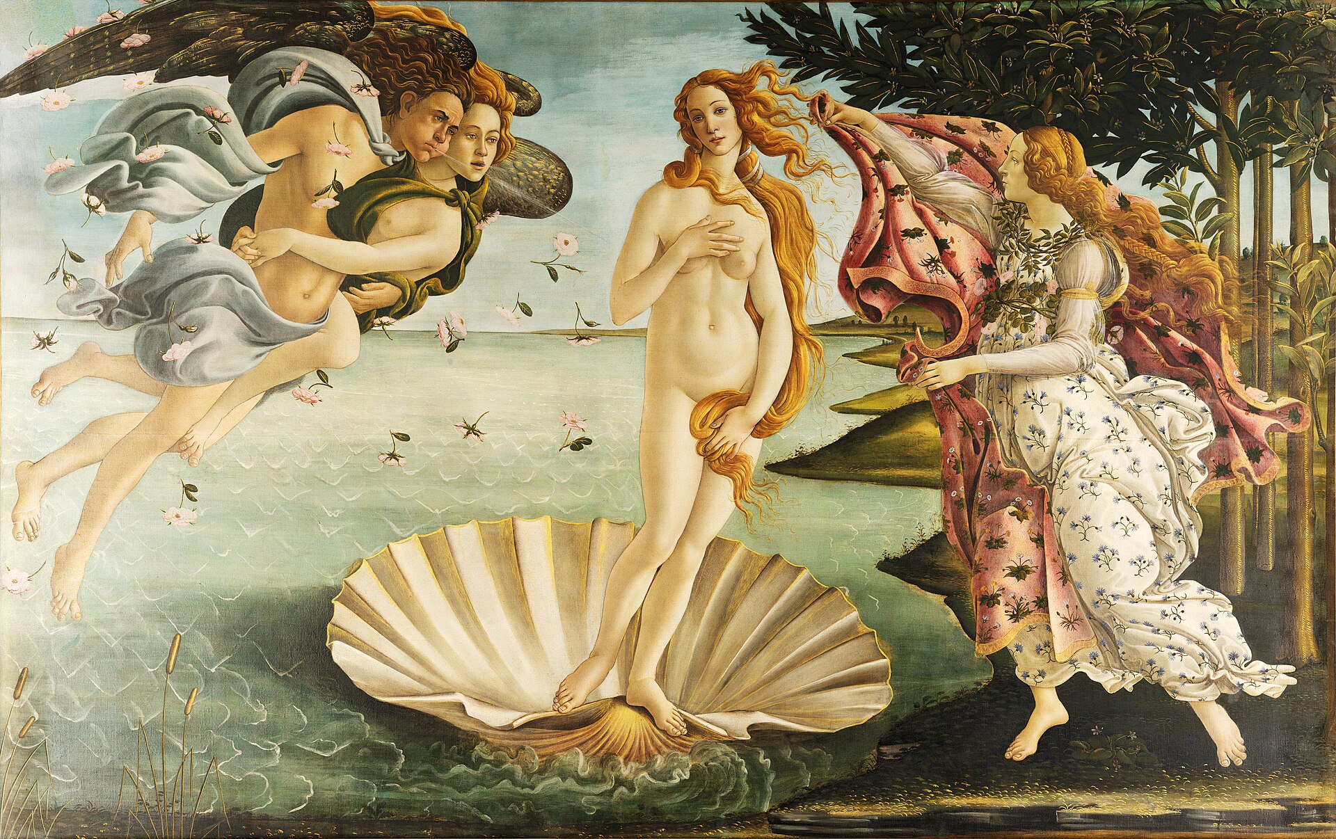 Sandro Botticelli, The Birth of Venus (c. 1485) — tempera on canvas, Uffizi Gallery, Florence
