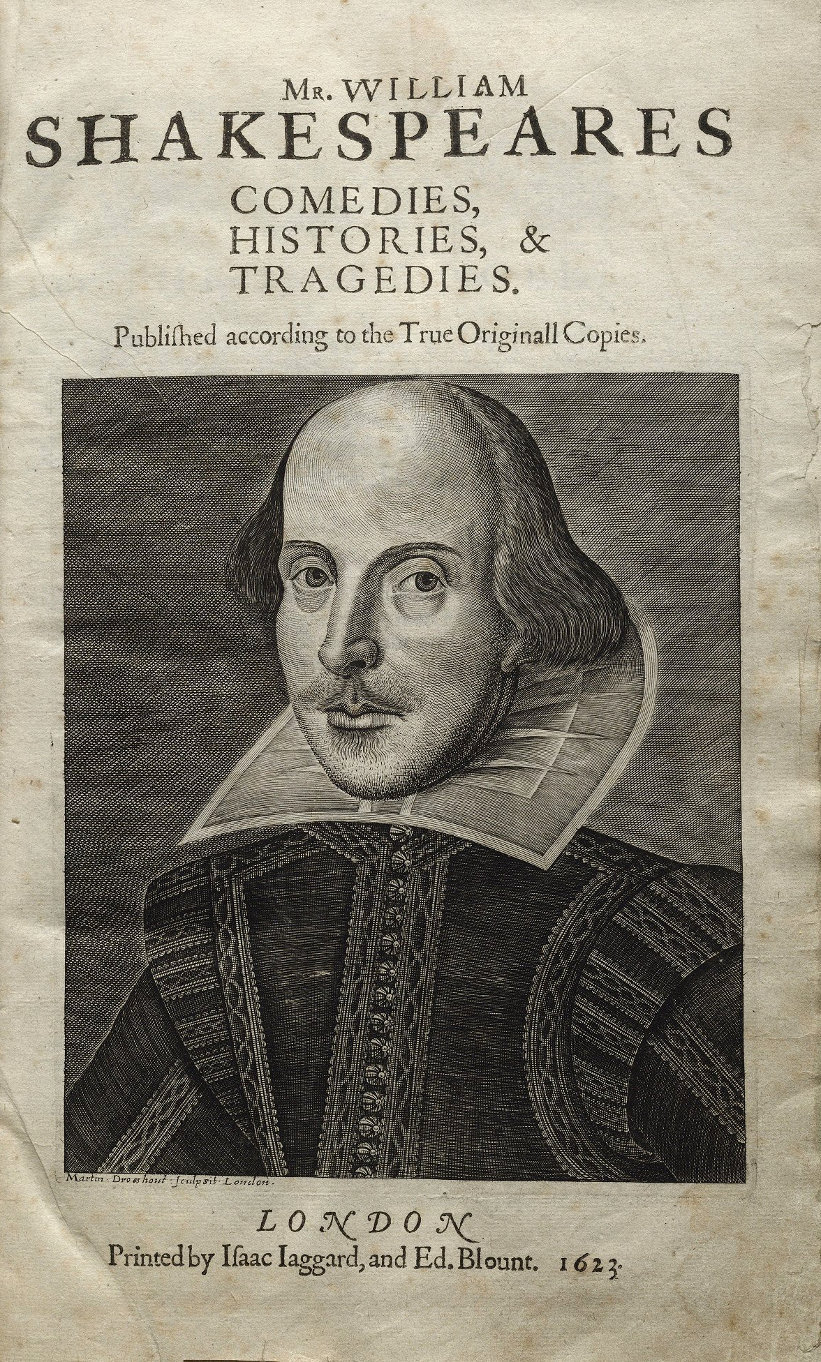 Title page of the First Folio of Shakespeare's plays, 1623, with the Droeshout engraving
