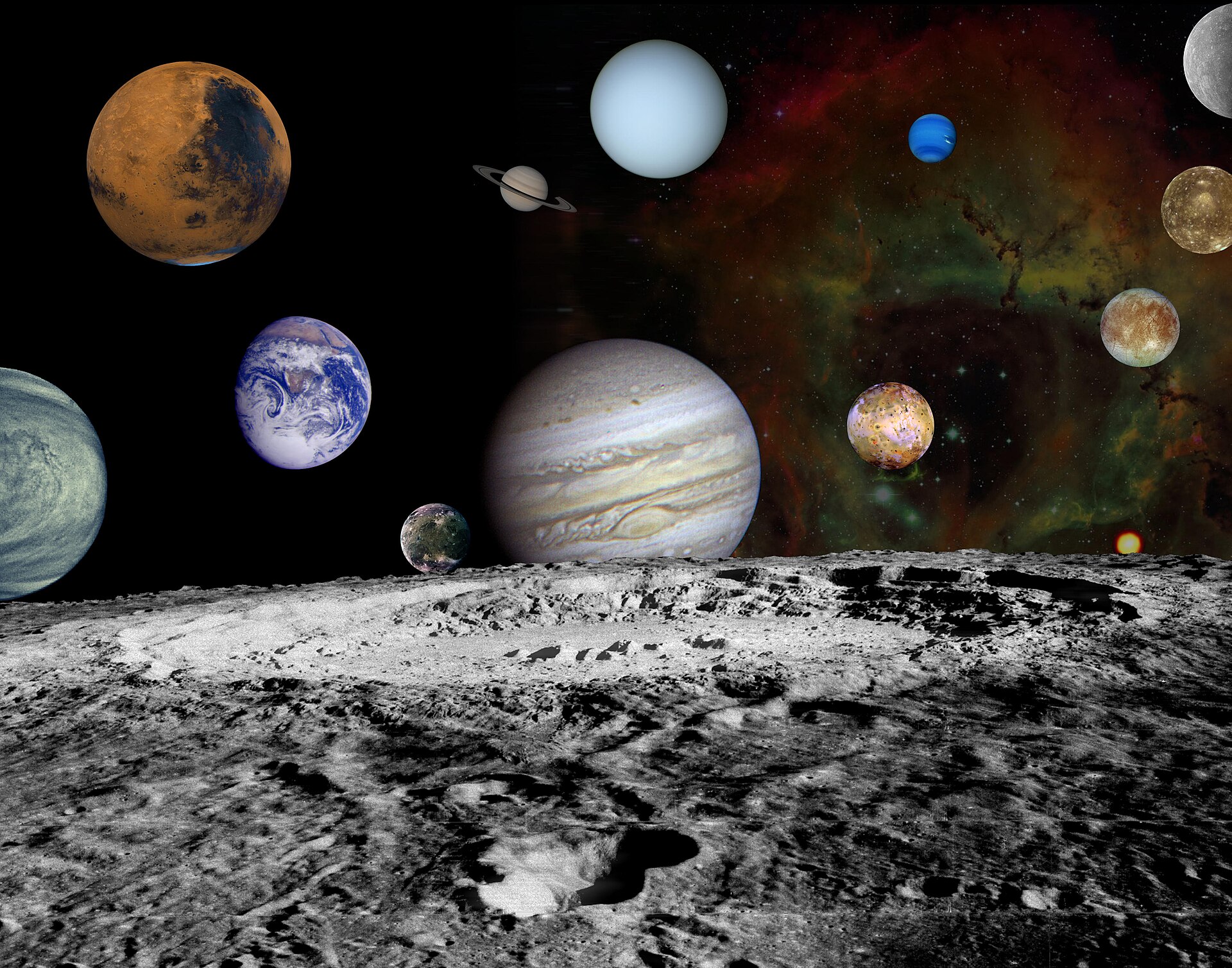 A montage of the planets of the solar system imaged by the Voyager spacecraft, set against a false-colour nebula, with Earth's Moon in the foreground