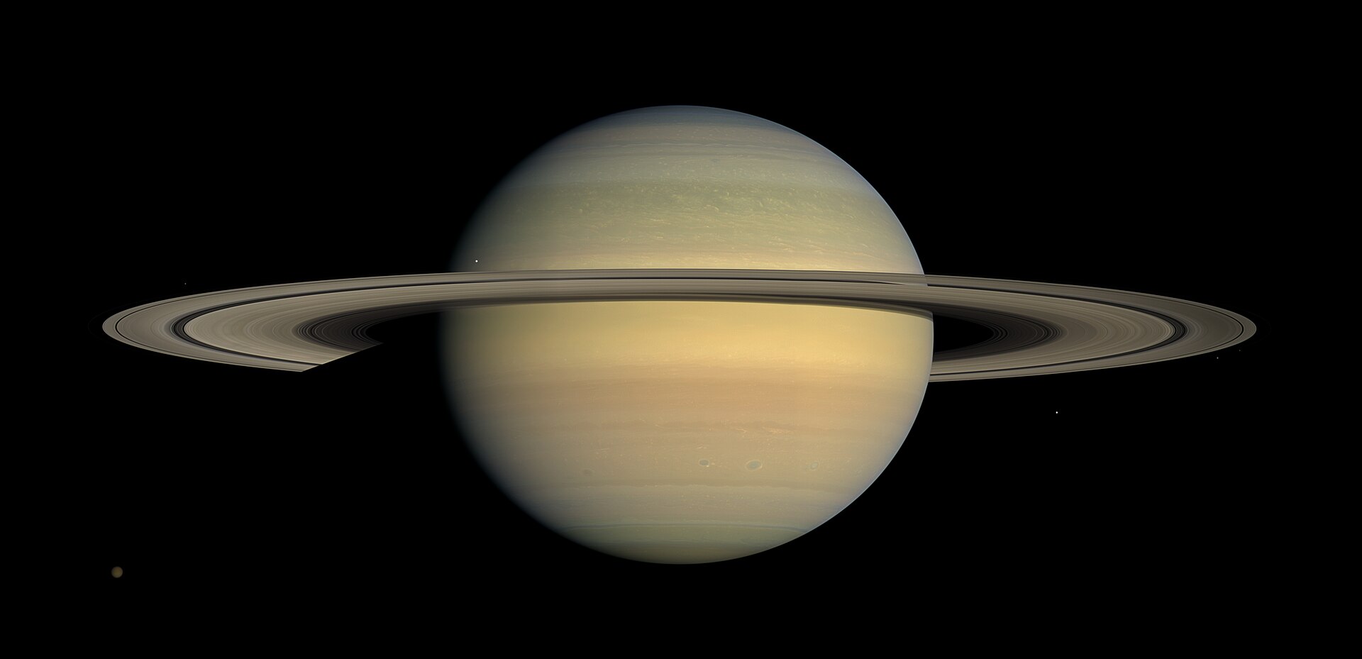 Saturn in natural colour, its rings seen nearly edge-on, imaged by the Cassini spacecraft in July 2008