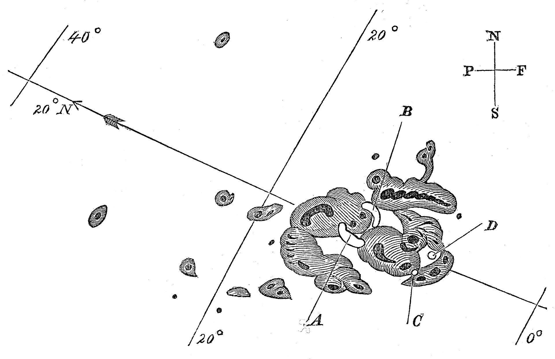 Engraved drawing of the large sunspot group of 1859 as observed by Richard Carrington — a cluster of dark umbrae ringed by penumbrae on the solar disk