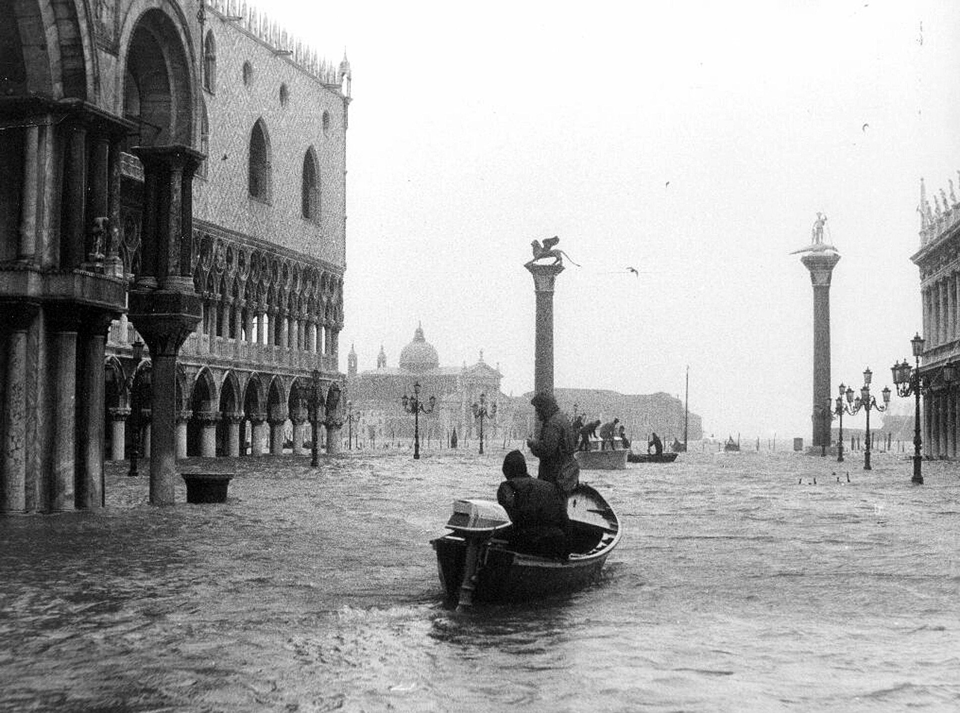 Piazza San Marco under deep floodwater on 4 November 1966, with the Doge’s Palace reflected in the water